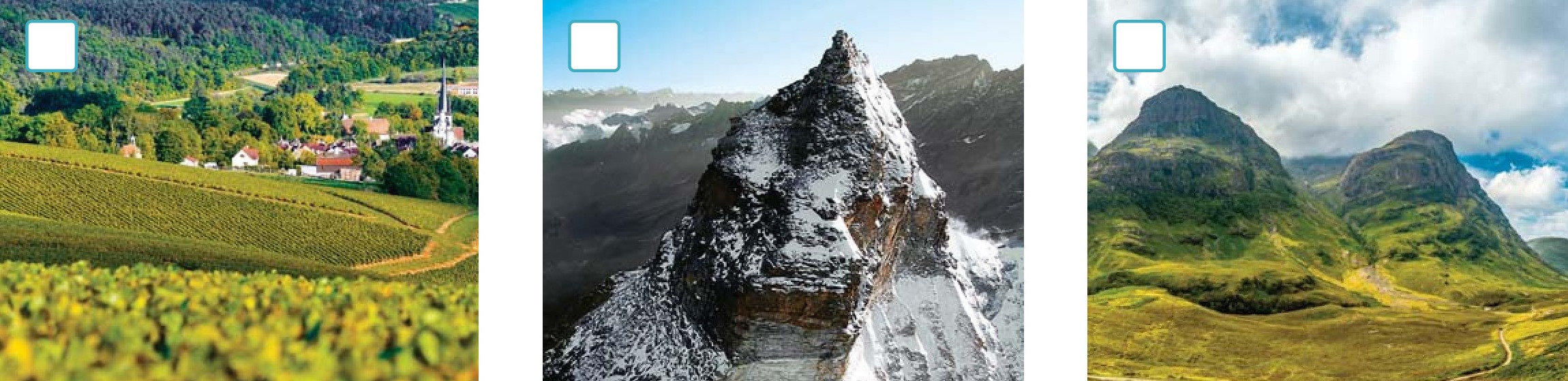 La prima immagine rappresenta un paesaggio collinare; la seconda immagine la vetta appuntita di una montagna; la terza immagine delle montagne dalle cime arrotondate.