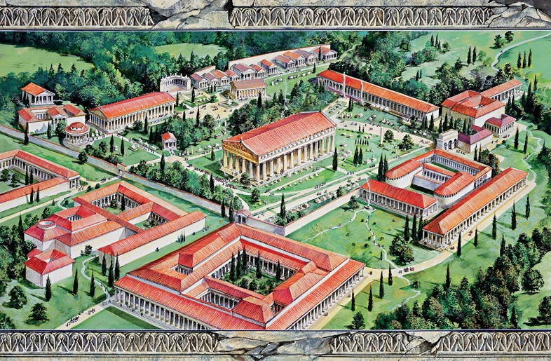 Disegno che riproduce il santuario di Olimpia, con il Tempio di Zeus al centro