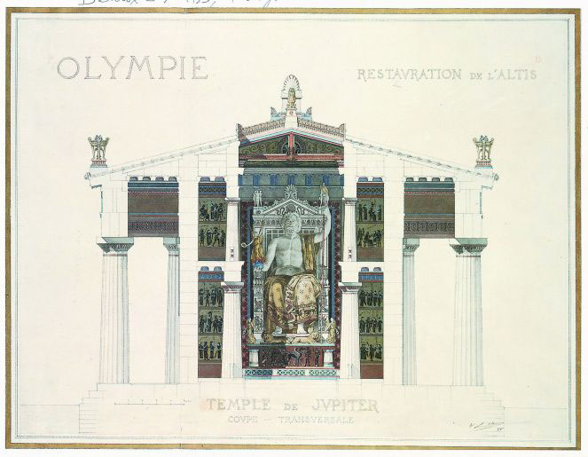 Disegno del 1883 che riproduce la statua crisoelefantina di Zeus nel Tempio di Olimpia