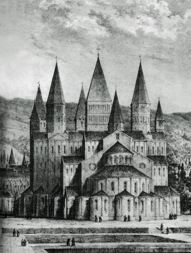 La Chiesa abbaziale di Cluny III in una veduta dalle absidi