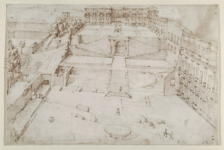 Cortile del Belvedere, stato dei lavori alla metà del XVI secolo