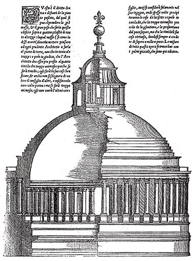 Sezione e prospetto esterno della cupola della Basilica di San Pietro secondo il progetto di Bramante e Raffaello dal “Terzo Libro” di Sebastiano Serlio