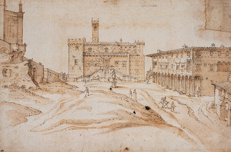 Veduta di piazza del Campidoglio (prima dell’intervento di Michelangelo)