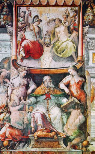 Paolo III in trono fra le allegorie della Pace e della Religione