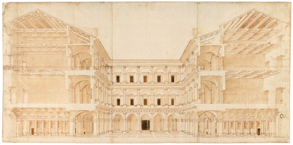 Sezione prospettica del progetto di Antonio da Sangallo il Giovane per il cortile interno di Palazzo Farnese