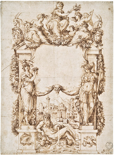 Disegno del frontespizio del volume di Cosimo Bartoli “Dell’architettura”