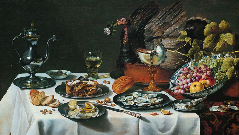 Banchetto con frutta, ostriche e pasticcio di tacchino