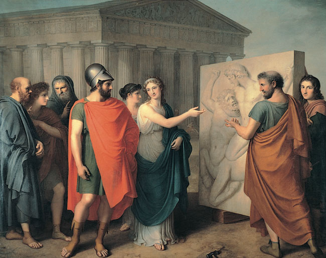 Pericle circondato da artisti e da filosofi visita i lavori del Partenone