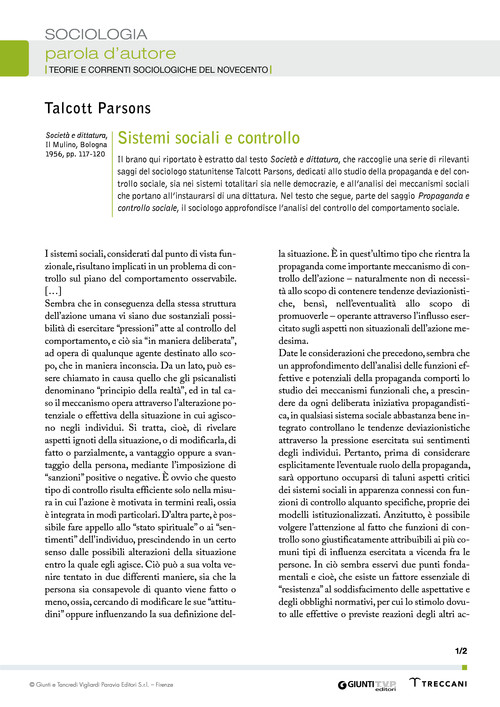 Talcott Parsons, Sistemi sociali e controllo