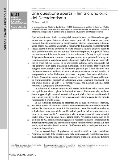 Tipologia B - Una questione aperta: i limiti cronologici del Decadentismo (Giuliano Ladolfi)