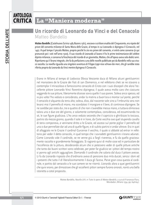 Un ricordo di Leonardo da Vinci e del Cenacolo (M. Bandello)