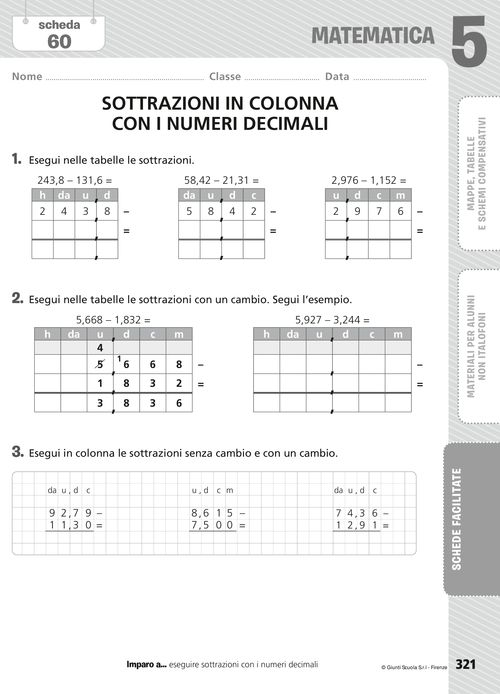 Sottrazioni in colonna con i numeri decimali