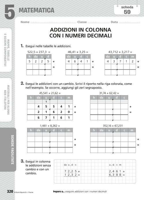 Addizioni in colonna con i numeri decimali