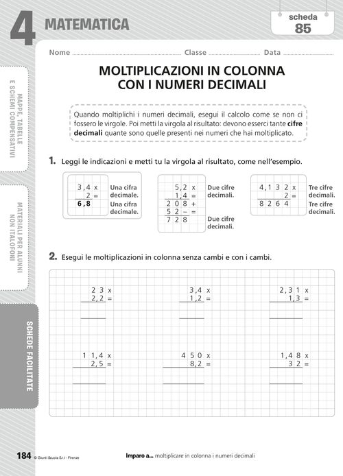 Moltiplicazioni in colonna con i numeri decimali