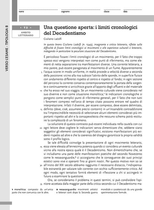 Tipologia B - Una questione aperta: i limiti cronologici del Decadentismo (Giuliano Ladolfi)