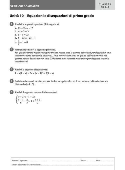 Equazioni e disequazioni di primo grado - Fila A