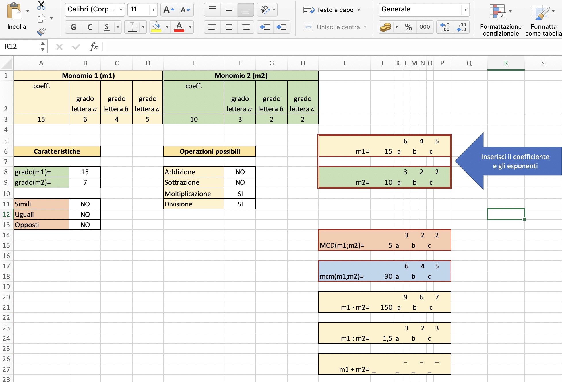MCD e mcm tra monomi con Excel
