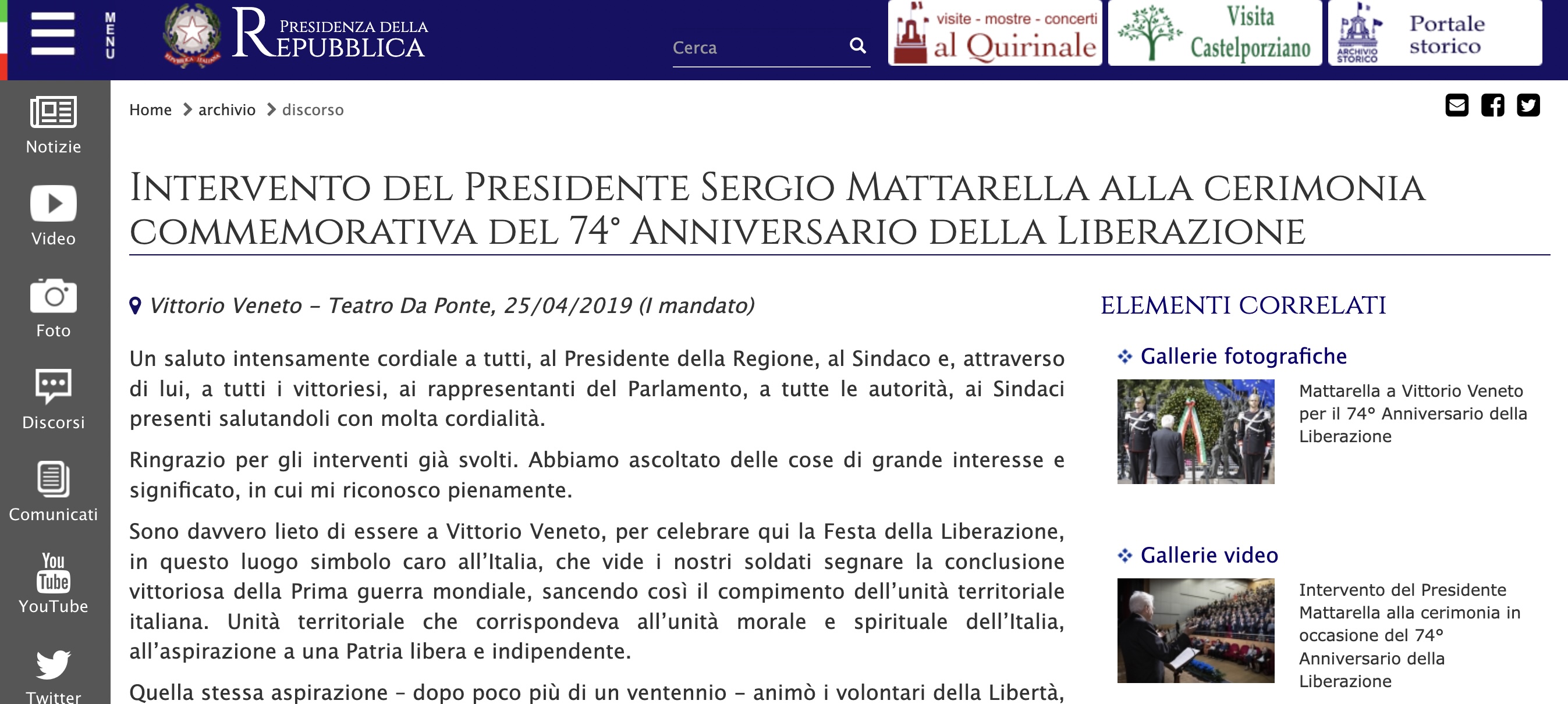 Intervento del Presidente Sergio Mattarella alla cerimonia commemorativa del 74° Anniversario della Liberazione